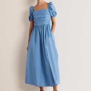 Boden Rouched Bodice Blue Cotton Maxi Dress with Puff Sleeves & Pockets, Size 8